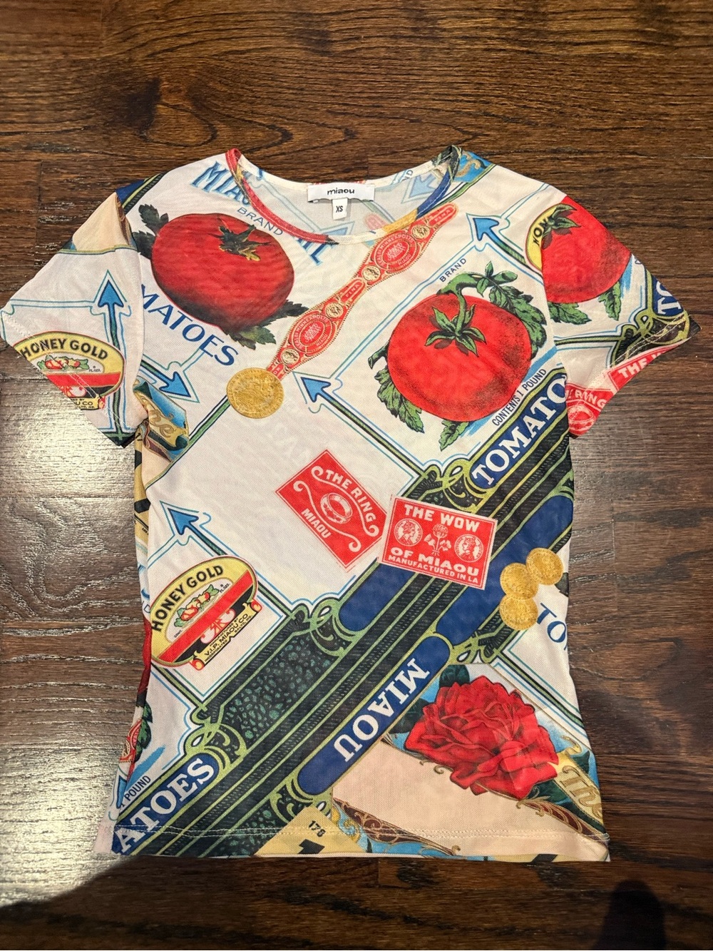 Miaou Red Tomato Graphic Tee with Blue & Cream Accents